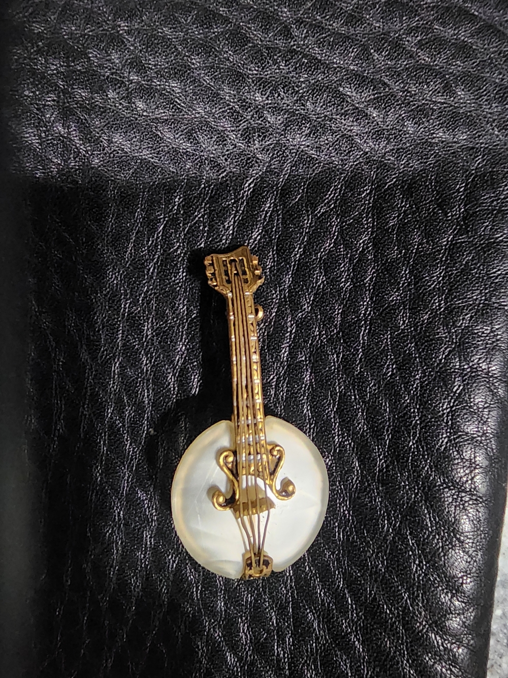 Vintage Gold-tone Banjo Brooch with Mother-of-Pearl Accent